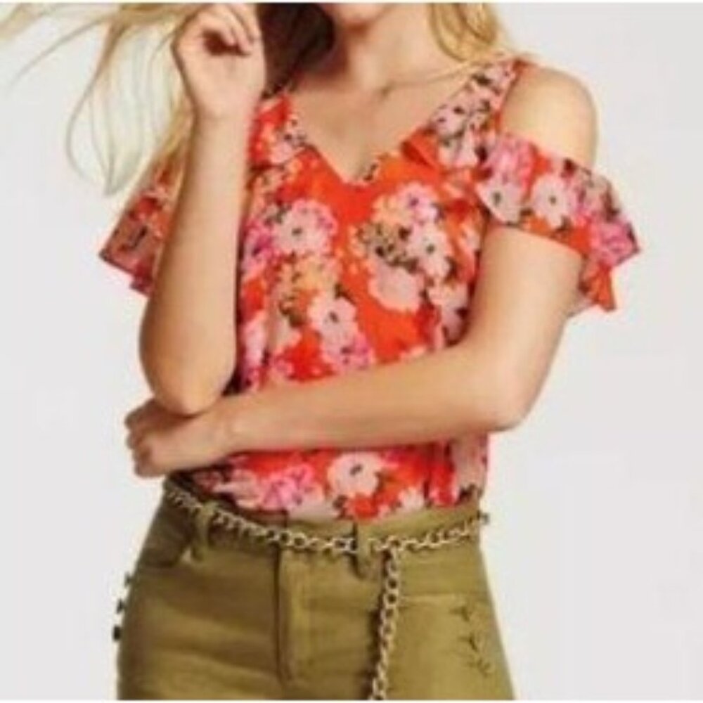 Cabi S Orange Floral LUSH Top Cold Shoulder Chiffon Sheer 5352 V Neck
